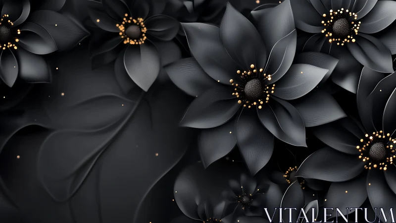 Black Stylized Flowers with Golden Centers on Dark Background
