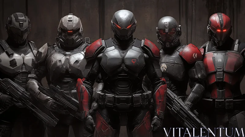 Cybernetic assault squad in armored combat formation frontally staged.