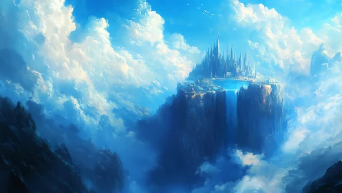 Luminescent sky citadel on eroded plateau amid stratocumulus