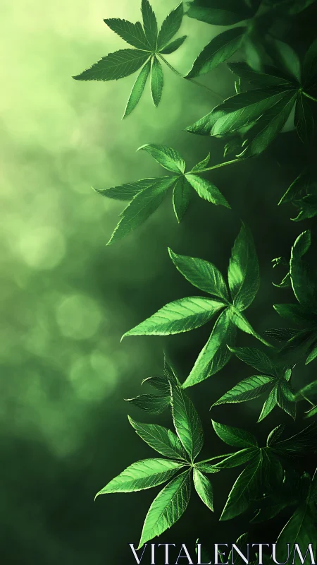 Green leaves hang in sharp focus over blurred light background