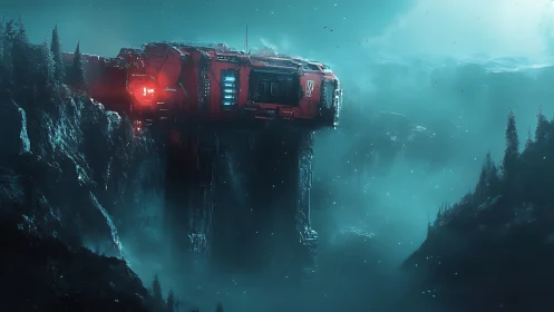 Red industrial structure spans a fog-covered mountain ravine