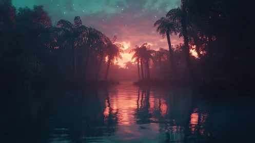 Neon dusk lagoon where dreamy palms sip electric sunset.