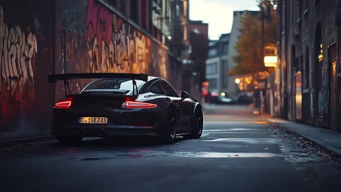 Rear-angle GT sports car in dusk-lit urban alleyway scene.