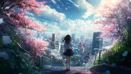 Spring city dreams beneath drifting cherry blossoms.