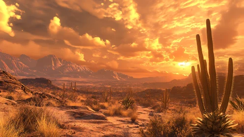 High-dynamic-range desert sunset with detailed cacti silhouettes