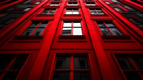 Red high rise facade shot from low angle toward sky