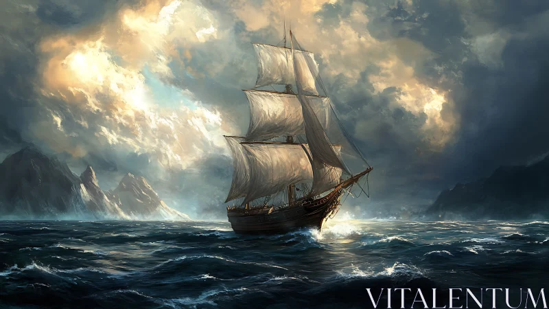 Storm-kissed tall ship chasing light across restless seas.