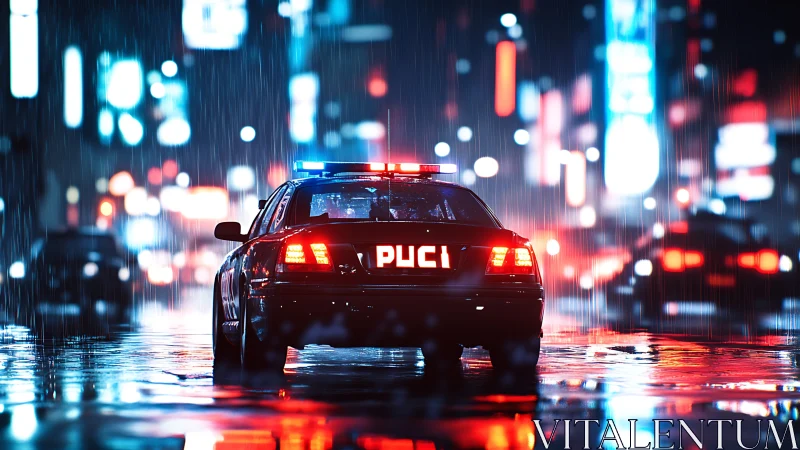 Police car on wet neon city street at night in rain.