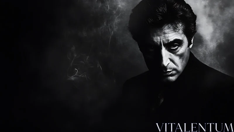 Moody monochrome portrait with deep, shadowed intensity.