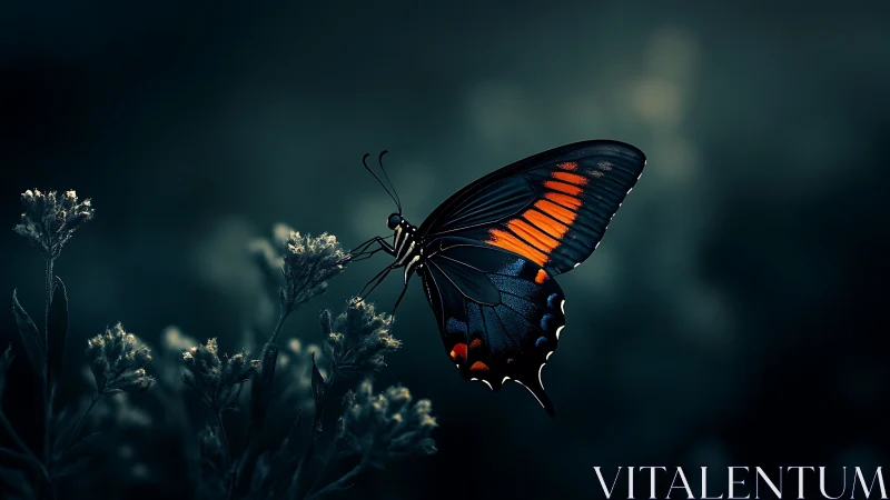 Nocturnal macro profile of orange-striped butterfly in flight.