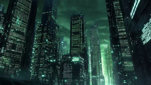 Neon green city towers glow warmly in a misty night sky
