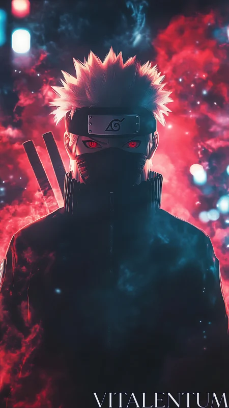 Mystical masked ninja emerges from glowing red and blue haze