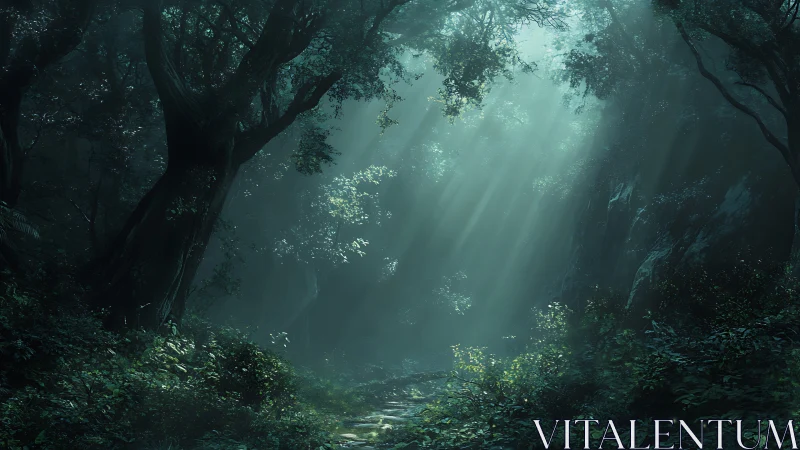 Mystical Forest Canyon with Ethereal Light Rays.