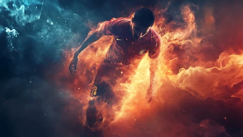Fiery digital soccer player charging through swirling flames.