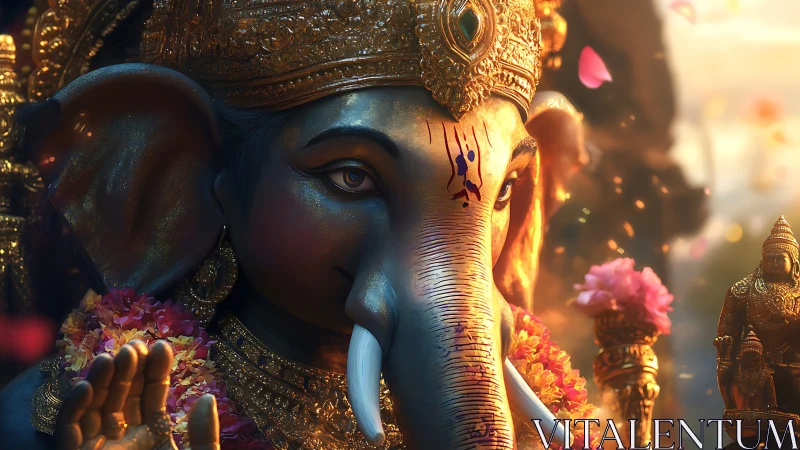 Golden elephant deity in soft festival morning light.