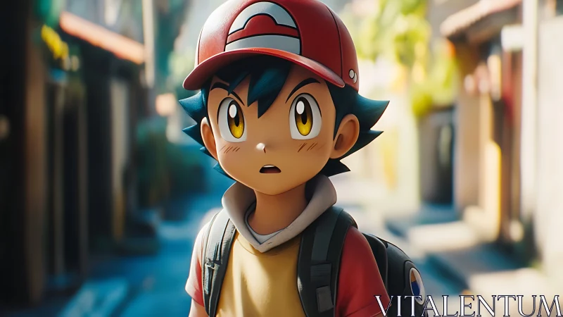 Cel-shaded anime boy in red cap rendered with soft depth of field