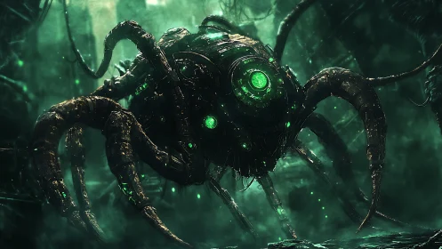 Neon abyss machine awakens with cold emerald hunger