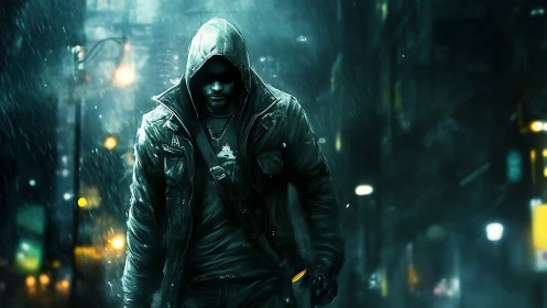 Hooded vigilante strides through neon rain-soaked city streets.