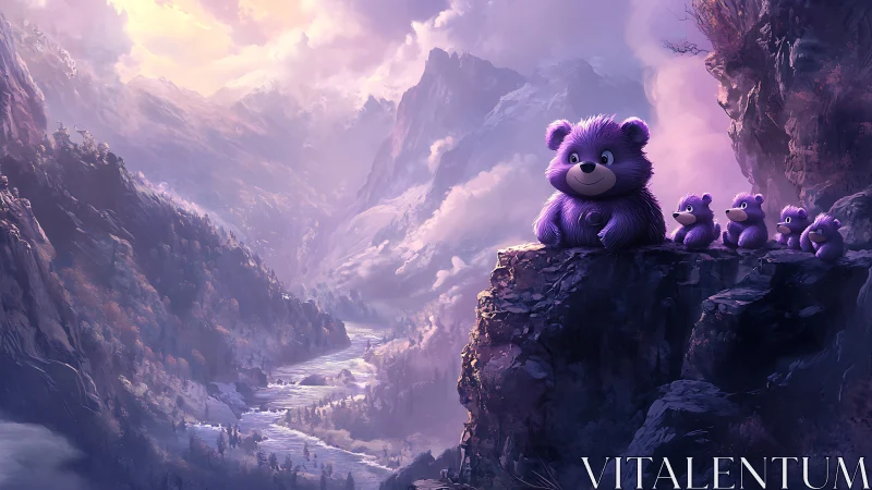Purple plush bears overlook misty fantasy mountain valley.
