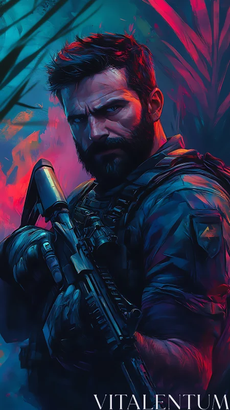 Bearded tactical soldier grips rifle in neon jungle lighting