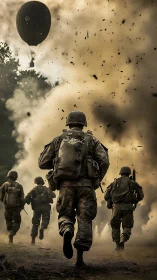 Photorealistic infantry charge through explosive smoke field.