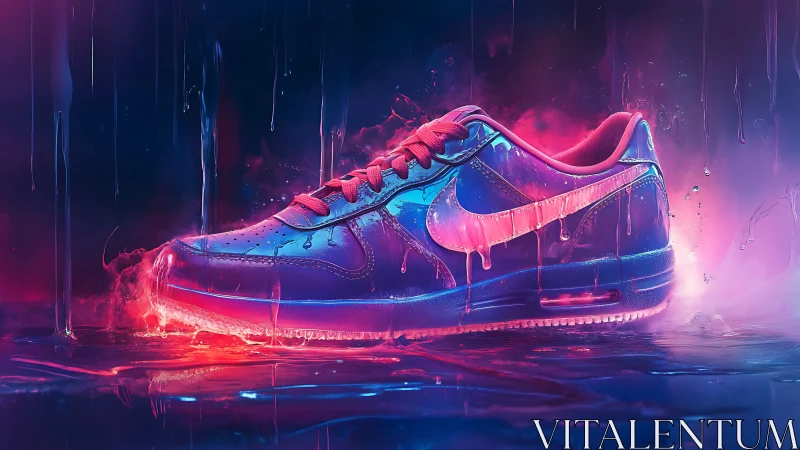 Neon sneaker glows within dripping cyberpunk liquid light