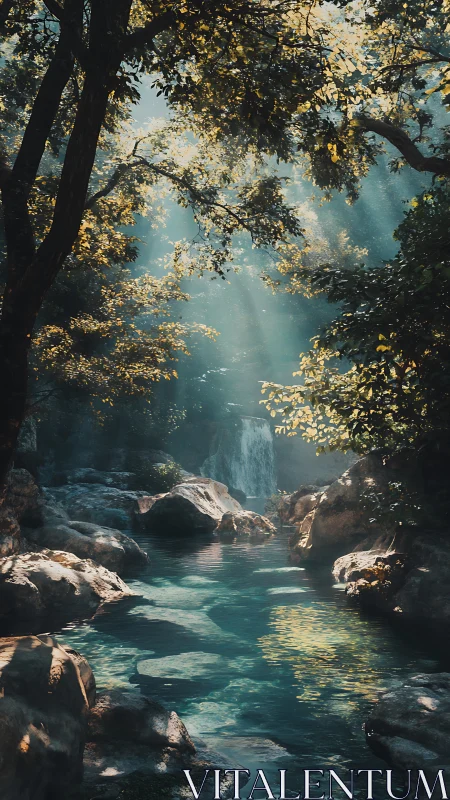 Secluded Forest Stream with Golden Canopy Glow.