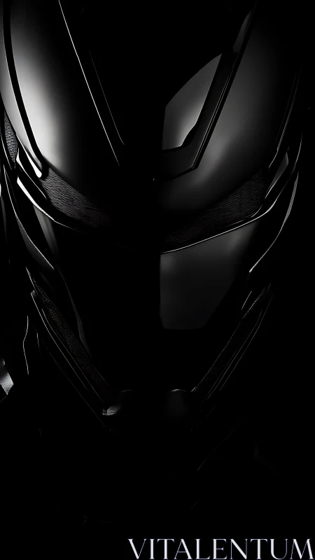 Glossy black futuristic helmet in low key lighting focus.