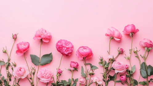 Pink Peonies and Roses Against Soft Blush Background.