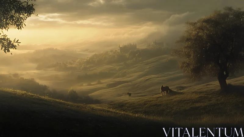 Sunlit mist rolls over pastoral hills toward distant castle.
