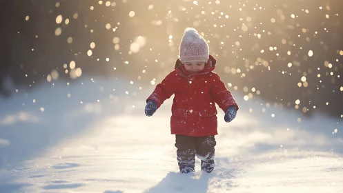 Toddler in Red Jacket Playing in Falling Snow.