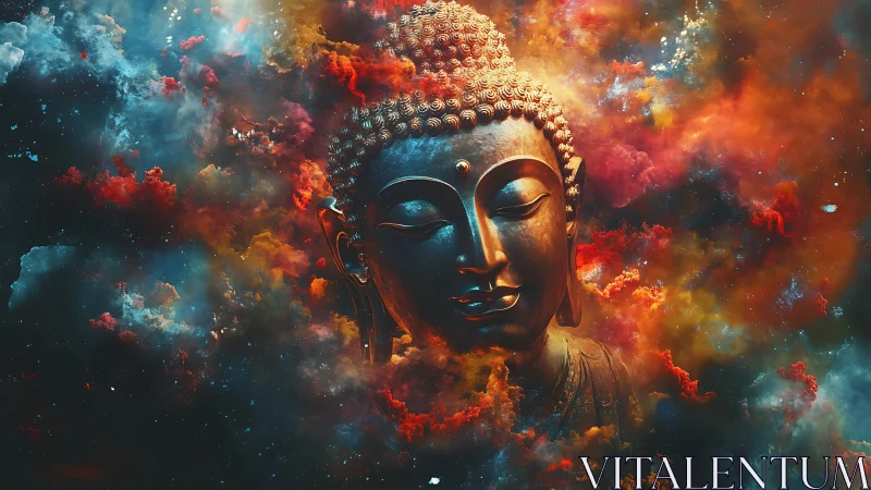 Buddha statue head floats amid cosmic nebula clouds