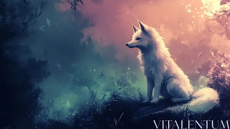 White fox on forest floor under diffuse colored light.