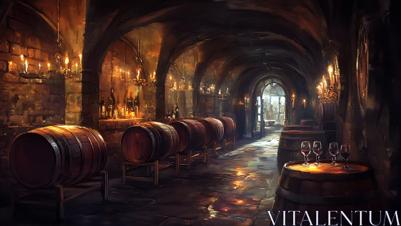 Digital painting of candlelit wine cellar with vaulted stone arches.