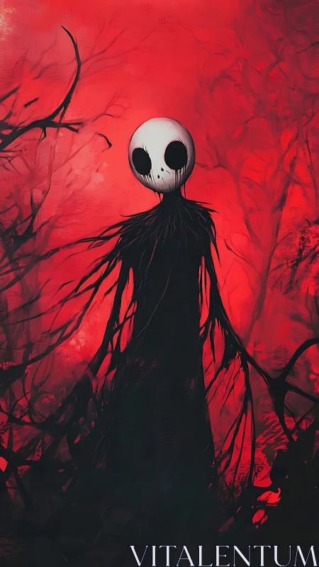 Pale-eyed wraith figure in crimson abstract forestscape.