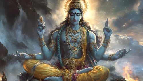 Seated blue-skinned deity in ornate attire amid clouds.