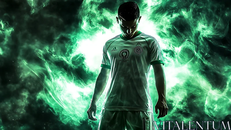 Glowing green soccer player silhouette in swirling smoke storm.