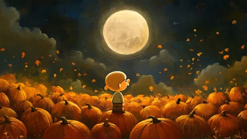 Child marvels at glowing harvest moon above pumpkin field.