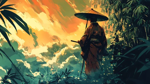 Solitary samurai surveys luminous valley under stormlit sky