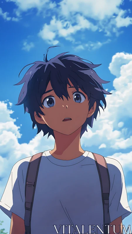 Anime boy with backpack under bright blue summer sky.