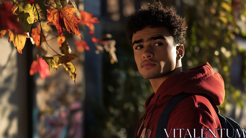Young man in autumn light under warm golden foliage.