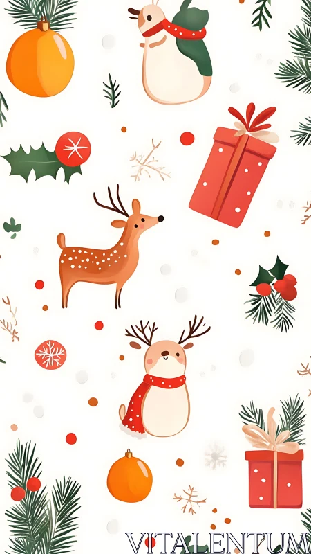 Seamless pattern shows stylized deer, snowmen and gifts