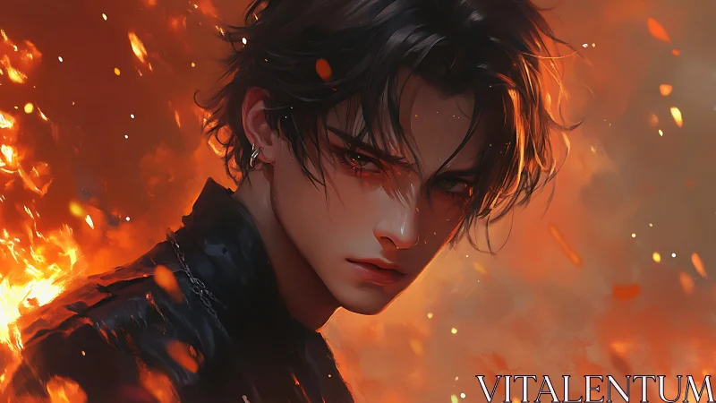 Young male figure in orange firelit environment portrait.