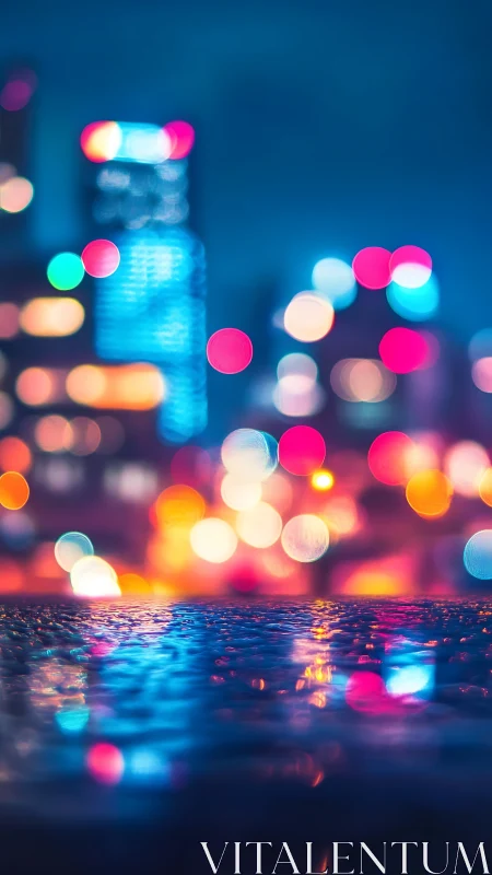 Defocused neon city bokeh over wet reflective urban surface