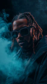 Low-key portrait of man in teal smoke with dramatic rim lighting