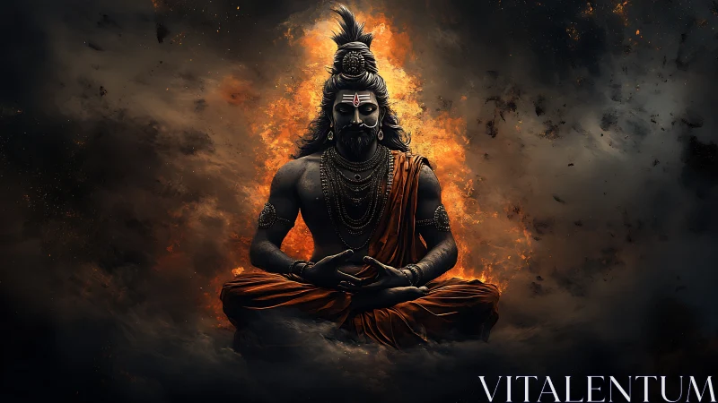 Seated ascetic figure in orange robes amid dark fiery clouds.