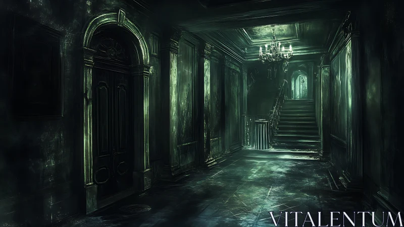 Dim corridor in old mansion with staircase and chandelier.