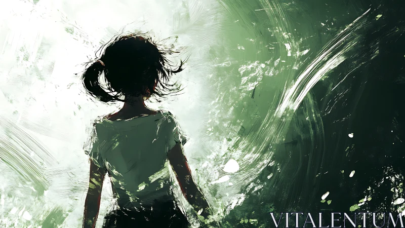 Silhouetted girl stands in abstract swirling green light.
