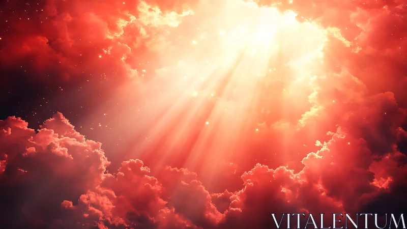 Radiant volumetric godrays penetrate dense red cumulus cloudfield
