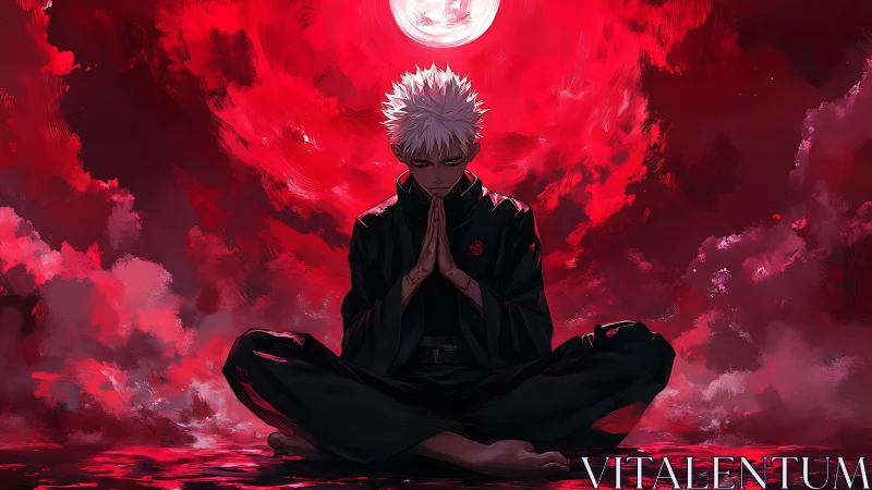 Crimson moon crowns a lone meditator in silent rebellion